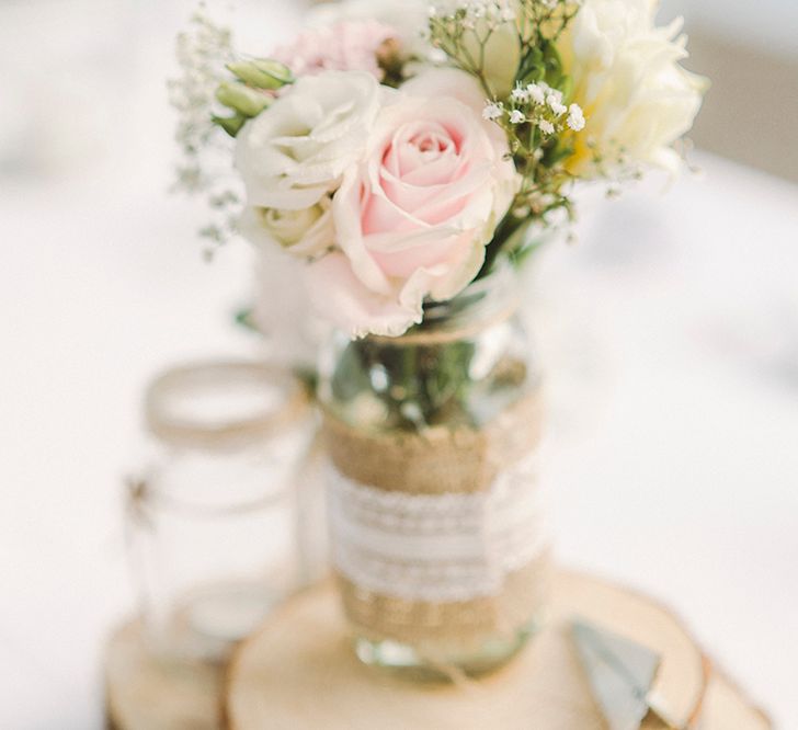 Jam Jar Flowers For Wedding With Hessian And Lace