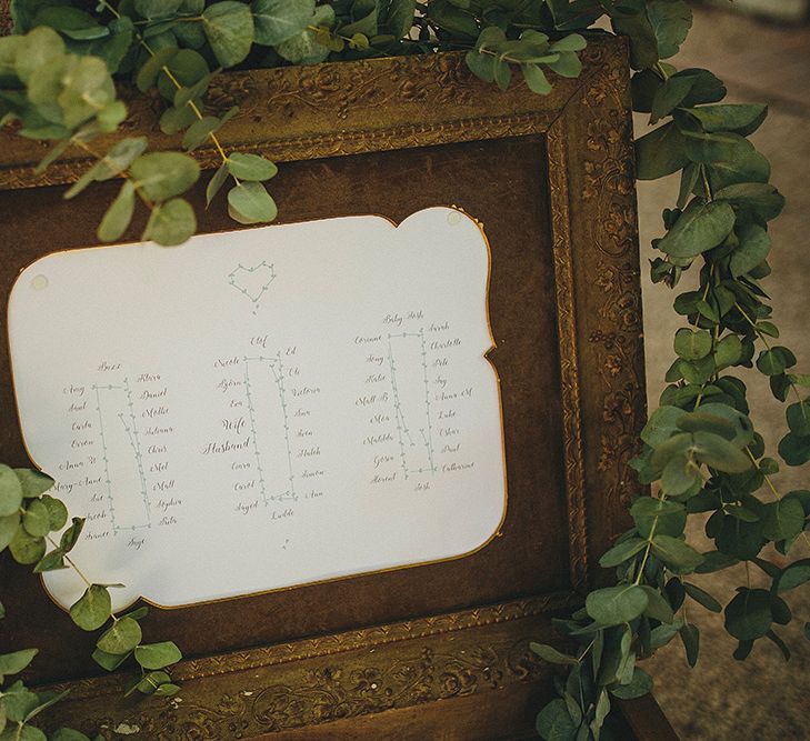 Distressed Table Plan with Eucalyptus Garland | Outdoor Wedding Ceremony | Bride in Jesús Peiró 3000 Dress from Morgan Davies Bridal | Groom in New & Lingwood Three Piece Suit | Petar Jurica Photography