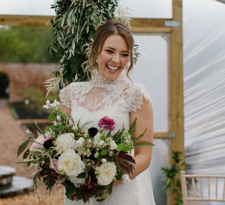 Foliage Filled Wedding At Colstoun East Lothian With Polytunnel Ceremony And Bridesmaids In Dusky Pink & Images From Caro Weiss Photography