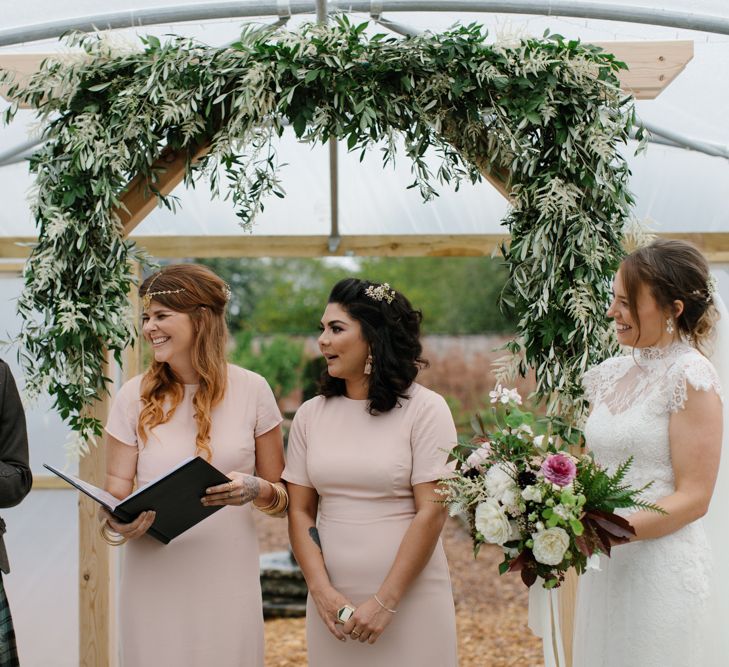 Foliage Filled Wedding At Colstoun East Lothian With Polytunnel Ceremony And Bridesmaids In Dusky Pink & Images From Caro Weiss Photography