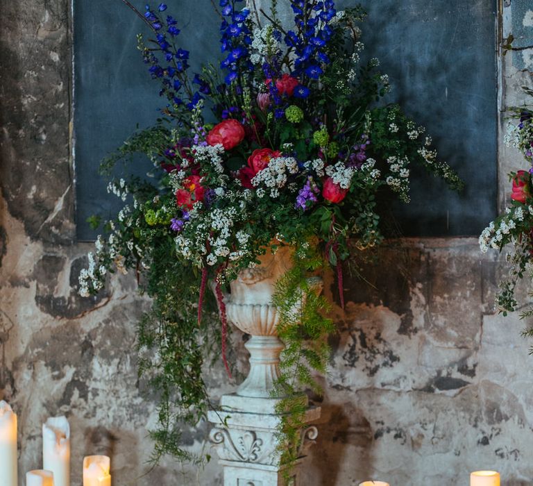 Church Candles and Bright Flower Arrangement at The Asylum | Helen Abraham Photography