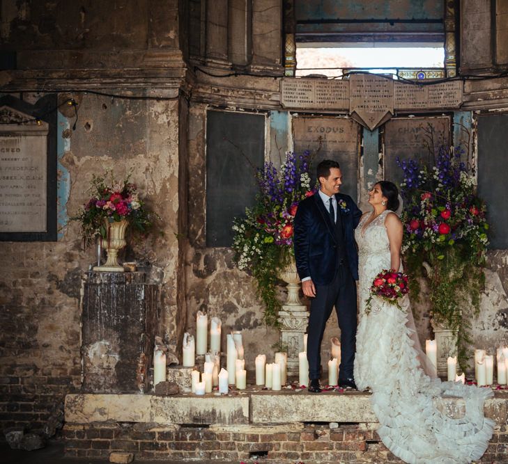 The Asylum Altar | Bride in Lazaro Gown | Groom in Navy Ted Baker Suit | Helen Abraham Photography