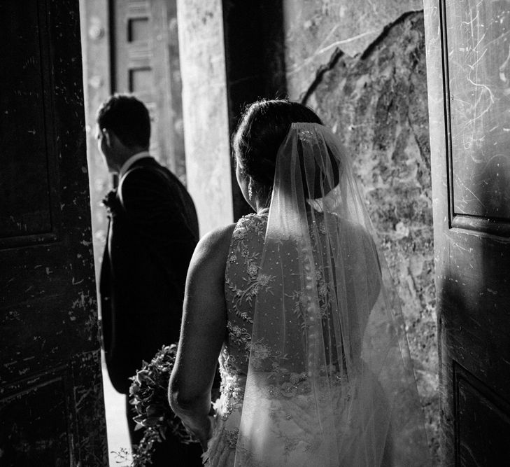 Bride in Lazaro Gown | Groom in Navy Ted Baker Suit | Helen Abraham Photography