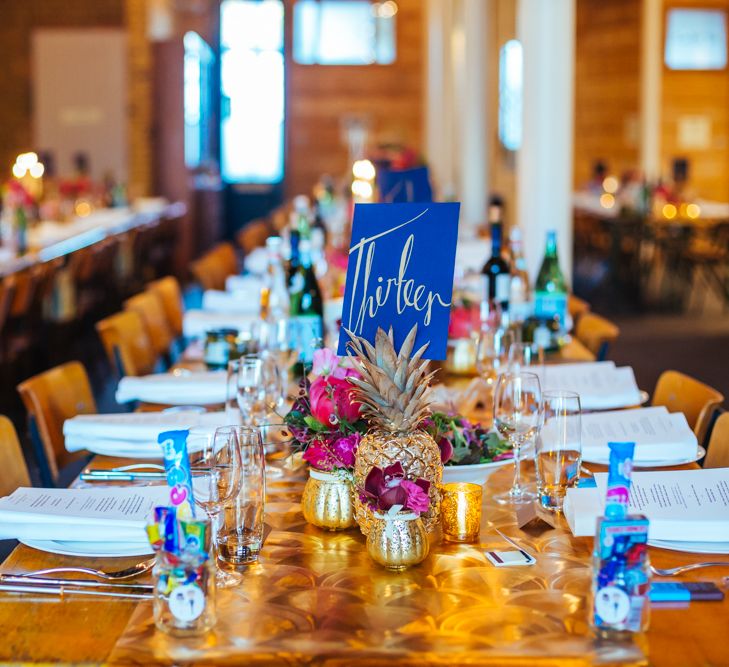 Navy, Gold & Pink Table Decor | Bixton East Pub Wedding Reception | Helen Abraham Photography