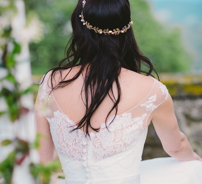 Bride in Naomi Neoh Gown with Hair Vine Accessory