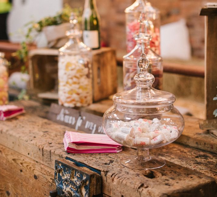 Industrial Lighting & Sweet Table with Apothecary Jars