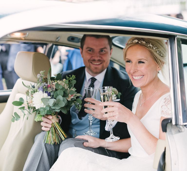 Traditional Wedding Car with Bride in Charlie Brear Peyton Dress & Augustine Skirt