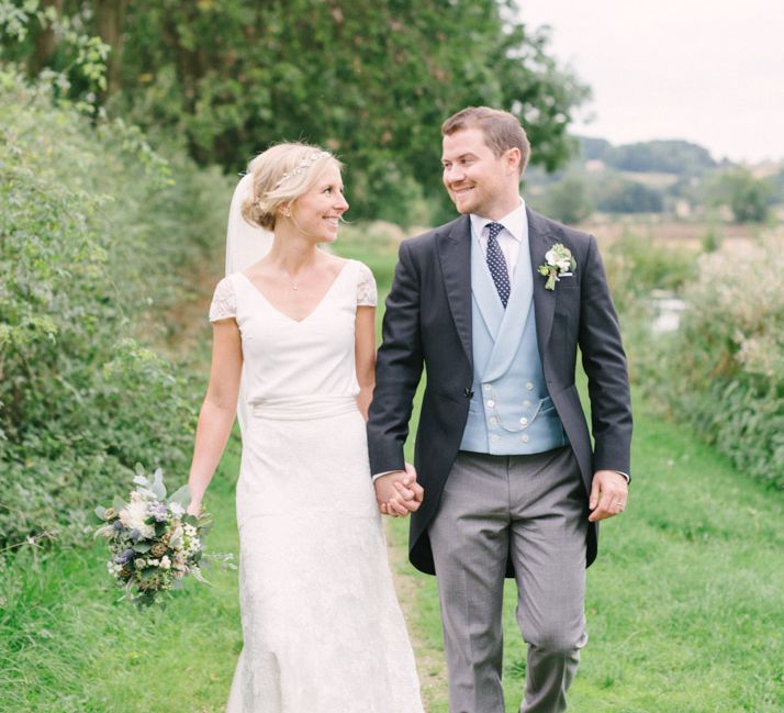 Bride in Charlie Brear Peyton Dress & Augustine Skirt & Groom in Traditional Morning Suit