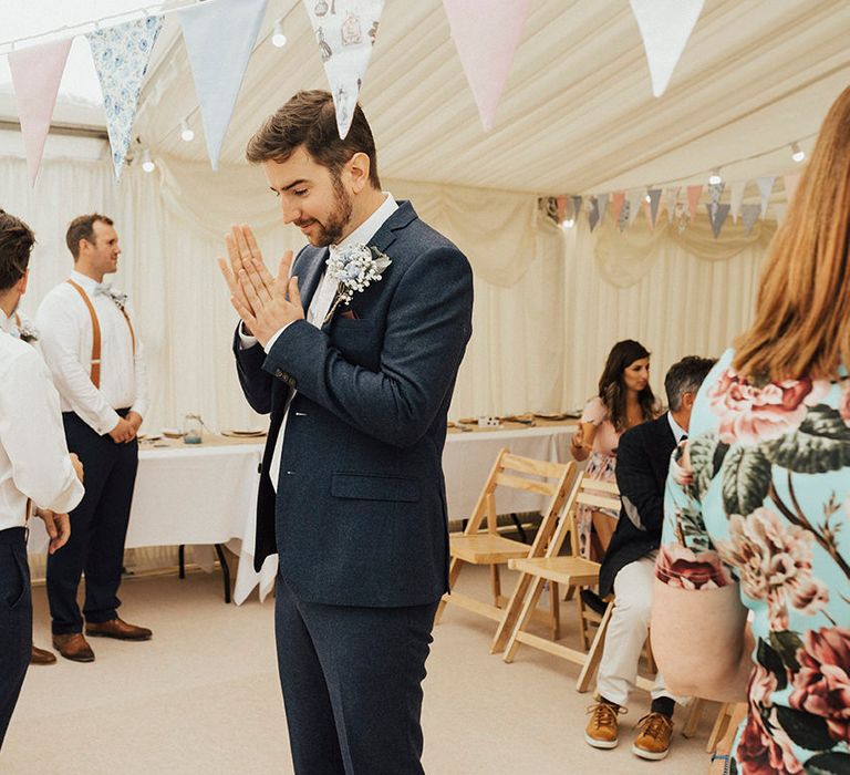 Wedding Ceremony | Groom at the Altar | Outdoor Festival Beach Wedding at Aberdovey in Wales | Katie Ingram Photography