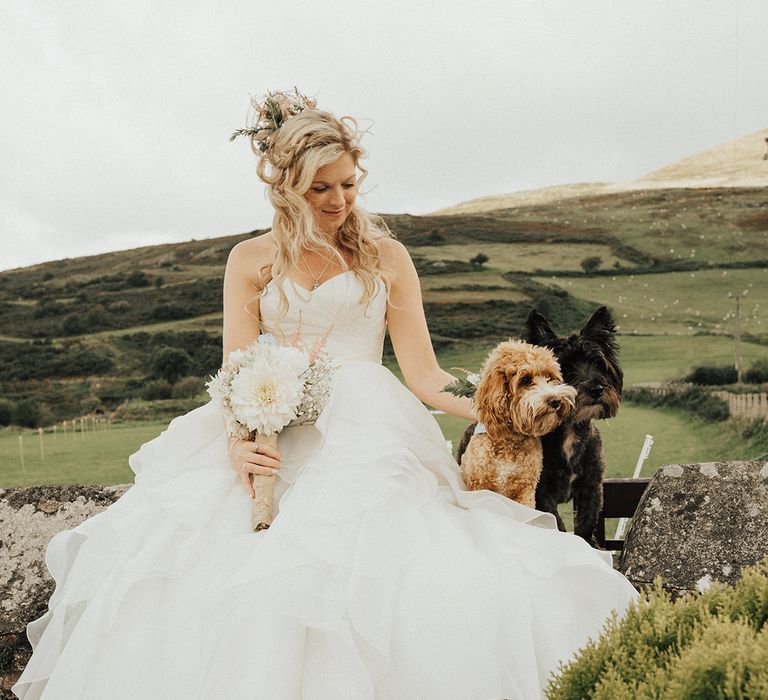 Bride & Puppy | Outdoor Festival Beach Wedding at Aberdovey in Wales | Katie Ingram Photography