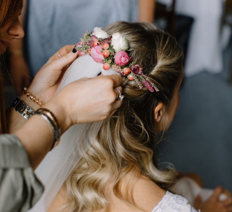 Bridal Half Up Half Down Do with Flowers | Rural Wedding in a Sailcloth Tent on Stanford Hall Estate, Northamptonshire | Rebecca Goddard Photography