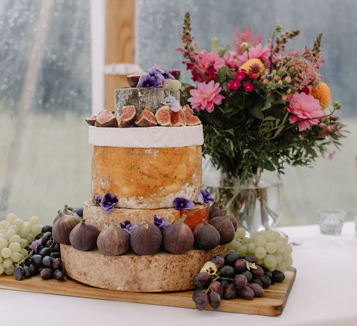 Cheese Tower Wedding Cake | Rural Wedding in a Sailcloth Tent on Stanford Hall Estate, Northamptonshire | Rebecca Goddard Photography