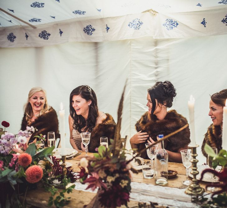 Bridesmaids In Brown Faux Fur Wraps