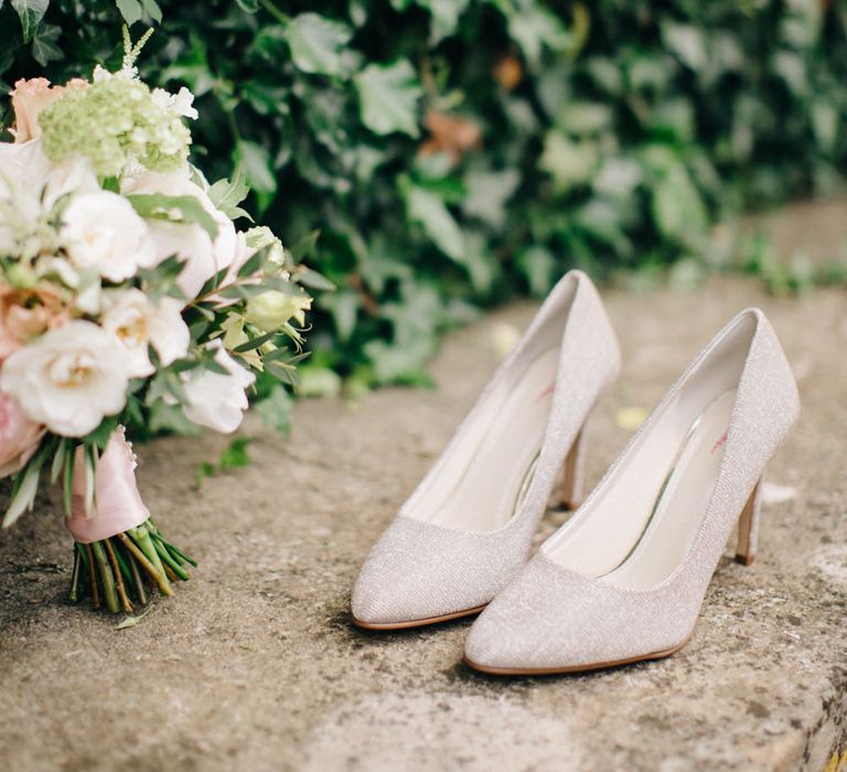 Rainbow Shoes Bridal Shoes | Delicate Bridal Bouquet | Outdoor Pastel Country Garden Wedding at Barnsley House in Cirencester | M and J Photography | Motion Farm Wedding Films