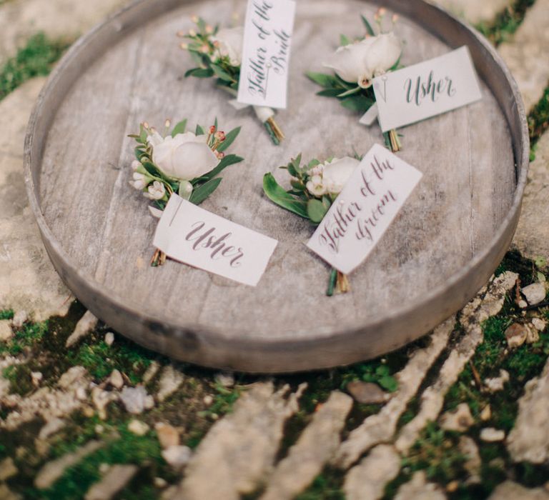 Delicate Buttonholes | Outdoor Pastel Country Garden Wedding at Barnsley House in Cirencester | M and J Photography | Motion Farm Wedding Films