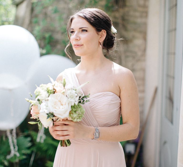 Bridesmaids in Blush Pink One Shoulder Dessy Dress | Outdoor Pastel Country Garden Wedding at Barnsley House in Cirencester | M and J Photography | Motion Farm Wedding Films