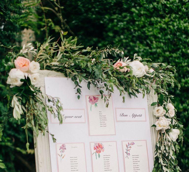 Table Plan with Floral Garland | Outdoor Pastel Country Garden Wedding at Barnsley House in Cirencester | M and J Photography | Motion Farm Wedding Films