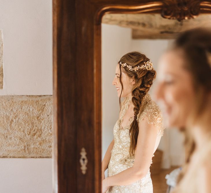 Gold lace Amanda Wakeley dress detail. and hair vines by Gillion Million