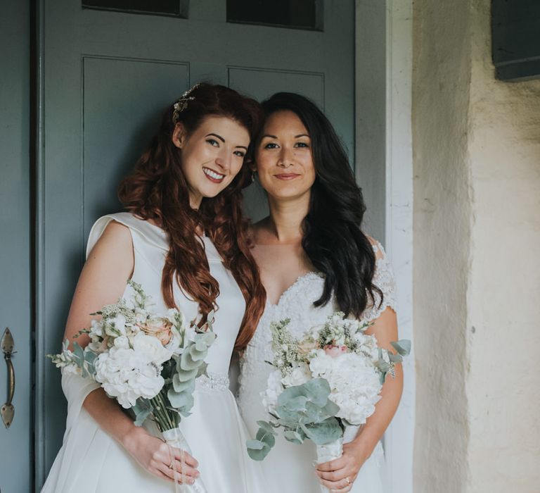 Two Brides in Lou Lou Bridal Wedding Dress & White Leaf Bridal Wedding Dress