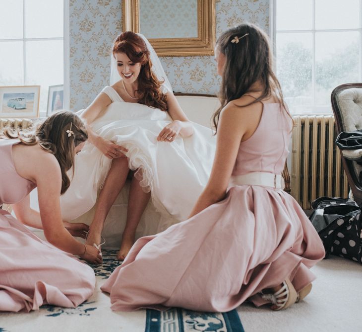 Two Brides in Ocean Bridal Studio Wedding Dress & Bridesmaids in Blush Pink Adele Chi Chi London Dresses