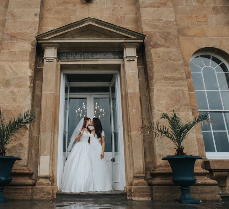 Two Brides in Ocean Bridal Studio Wedding Dress & White Leaf Bridal Wedding Dress