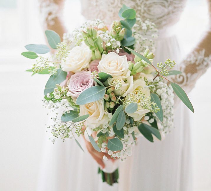 Classic Rose Bridal Bouquet | Bride in Suzanne Neville Camelia Gown | A Romantic Pastel Wedding at Dauntsey Park in the Wiltshire English Countryside | Imogen Xiana Photography