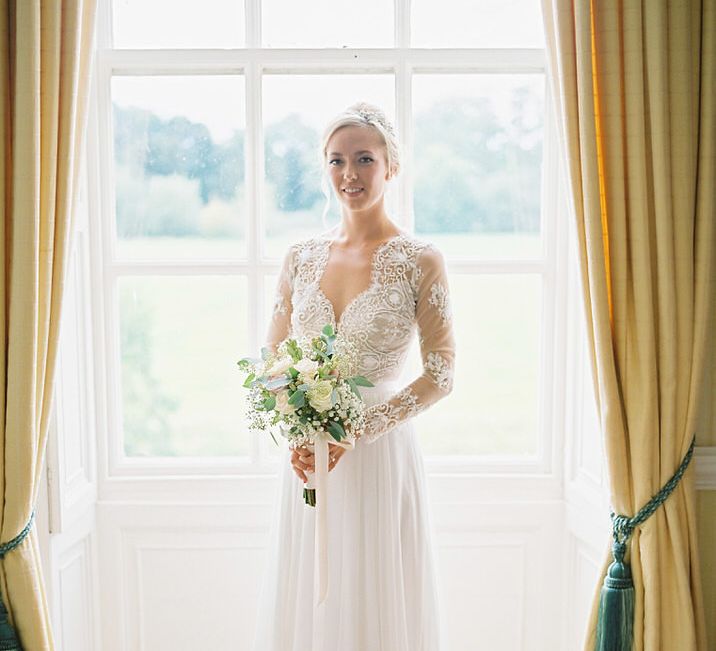 Bride in Suzanne Neville Camelia Gown | A Romantic Pastel Wedding at Dauntsey Park in the Wiltshire English Countryside | Imogen Xiana Photography