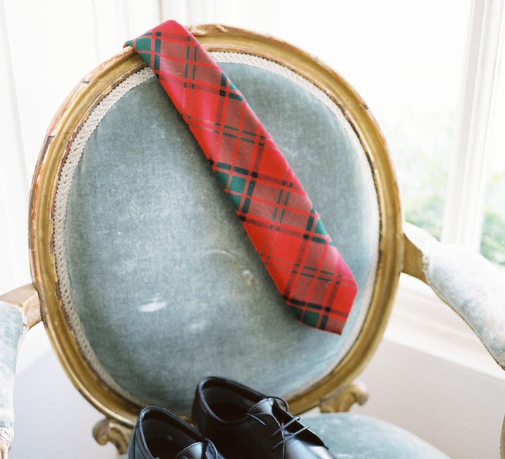 Grooms Tartan Tie | A Romantic Pastel Wedding at Dauntsey Park in the Wiltshire English Countryside | Imogen Xiana Photography