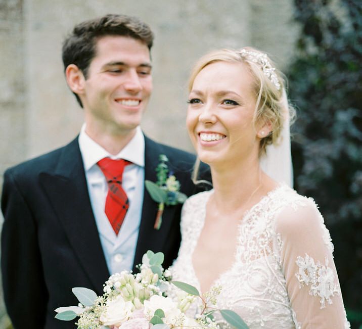 Bride in Suzanne Neville Camelia Gown | Groom in Traditional Tails | A Romantic Pastel Wedding at Dauntsey Park in the Wiltshire English Countryside | Imogen Xiana Photography