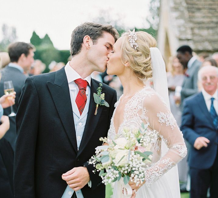 Bride in Suzanne Neville Camelia Gown | Groom in Traditional Tails | A Romantic Pastel Wedding at Dauntsey Park in the Wiltshire English Countryside | Imogen Xiana Photography