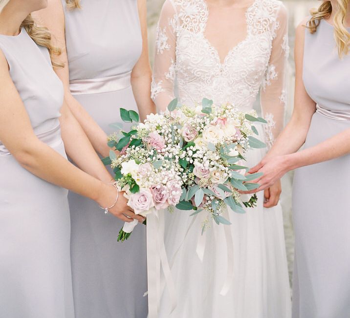 Bridesmaids in Grey Dresses | Bride in Suzanne Neville Camelia Gown | A Romantic Pastel Wedding at Dauntsey Park in the Wiltshire English Countryside | Imogen Xiana Photography