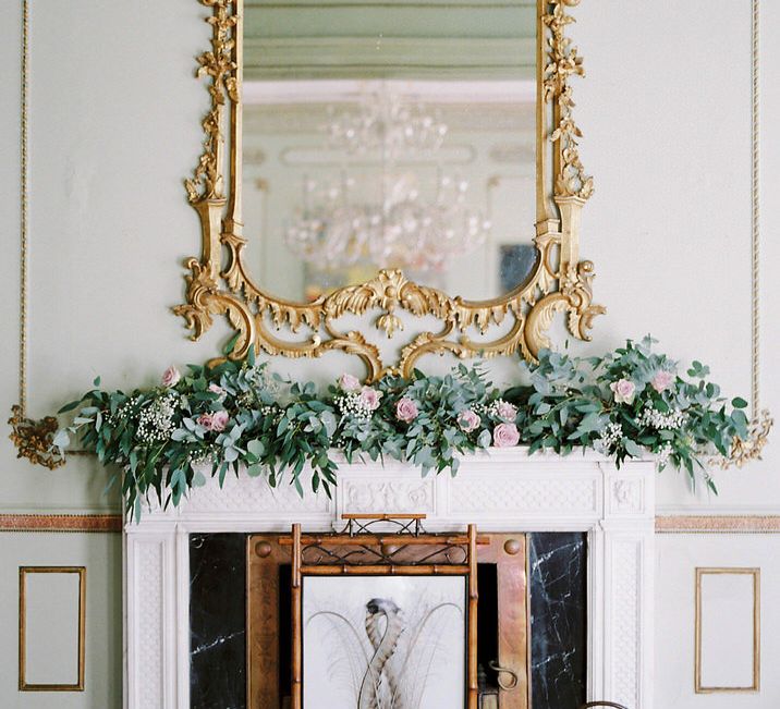 Mantle Piece Floral Wedding Decor | A Romantic Pastel Wedding at Dauntsey Park in the Wiltshire English Countryside | Imogen Xiana Photography