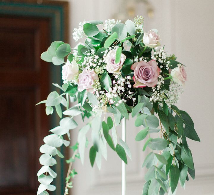 Elegant Rose & Foliage Tall Floral Arrangement Centrepiece | A Romantic Pastel Wedding at Dauntsey Park in the Wiltshire English Countryside | Imogen Xiana Photography