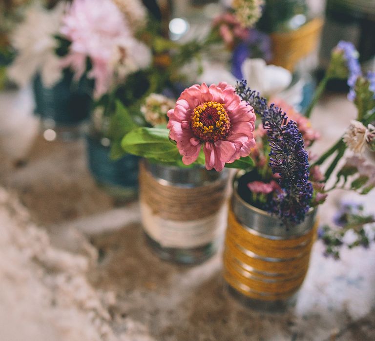 Flowers In Jam Jars & Tin Cans Wedding Decor