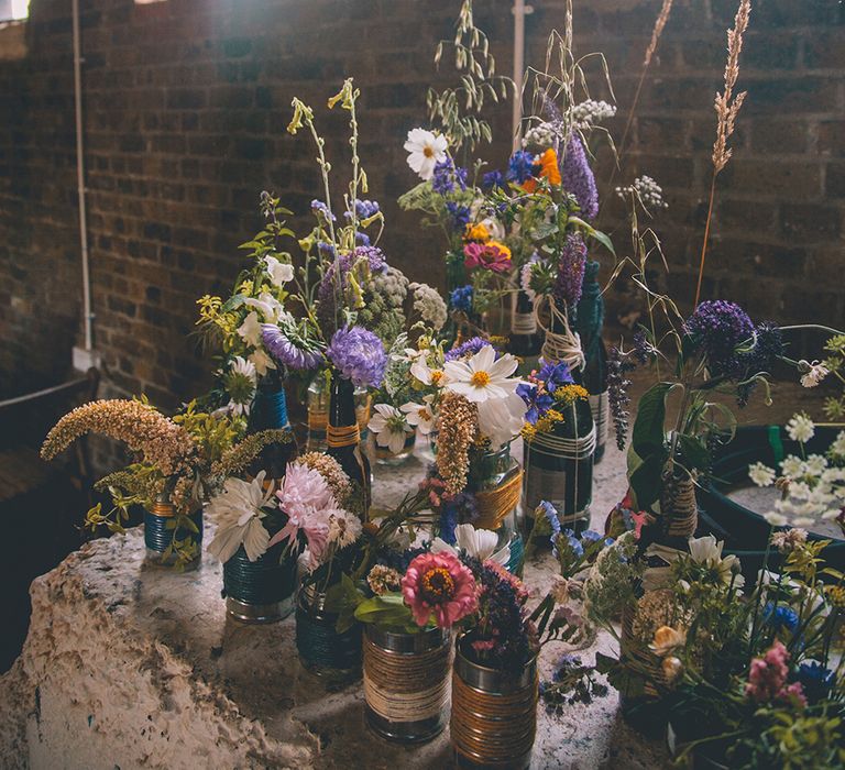 Flowers In Jam Jars & Tin Cans Wedding Decor