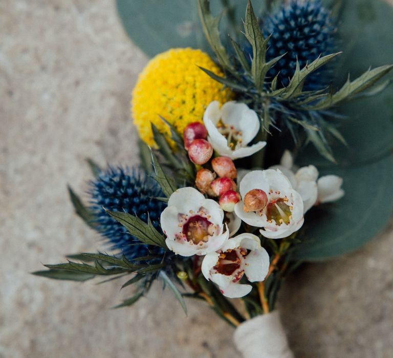 Rustic Buttonhole With Mustard Detail & Waxflowers