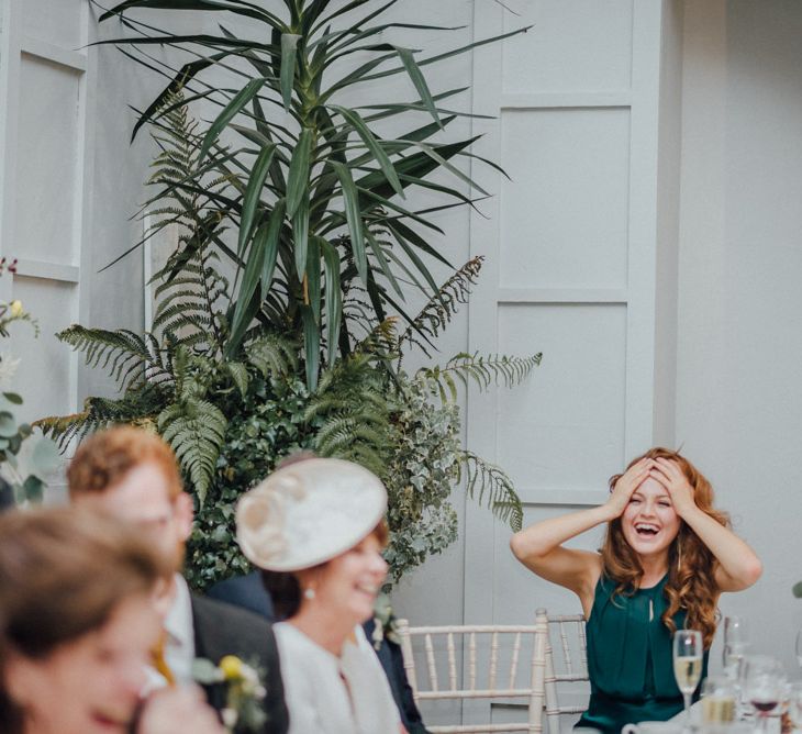 Glasshouse Wedding At Crom Castle With Bride In Halfpenny London Bridesmaids In Forest Green Silk Dresses By Ghost Images From Salt & Sea Photography Co.