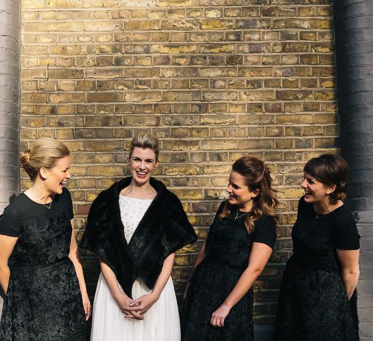 Bride In Bespoke Wedding Dress & Bridesmaids In Black For A Stylish East London Wedding