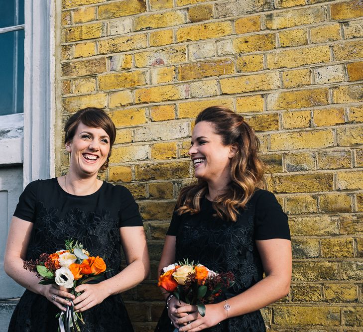 Bride In Bespoke Wedding Dress & Bridesmaids In Black For A Stylish East London Wedding