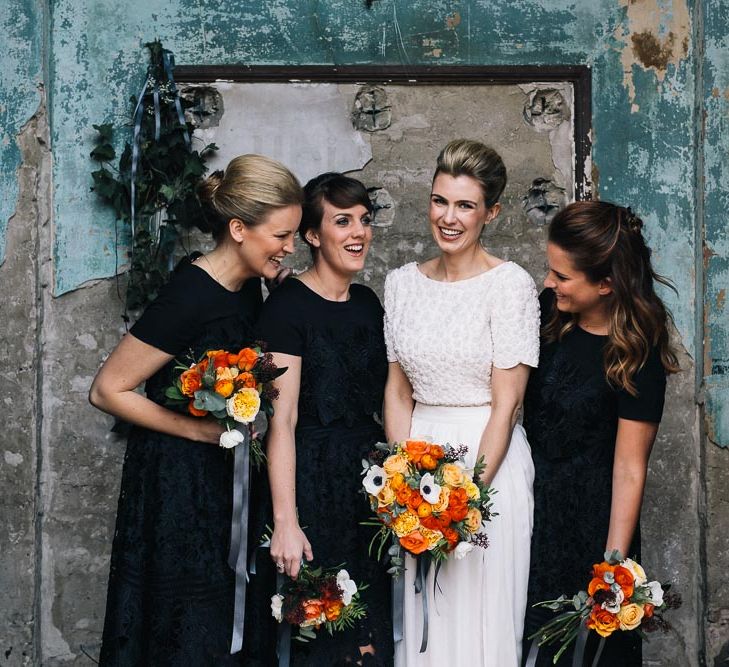 Bride In Bespoke Wedding Dress & Bridesmaids In Black For A Stylish East London Wedding