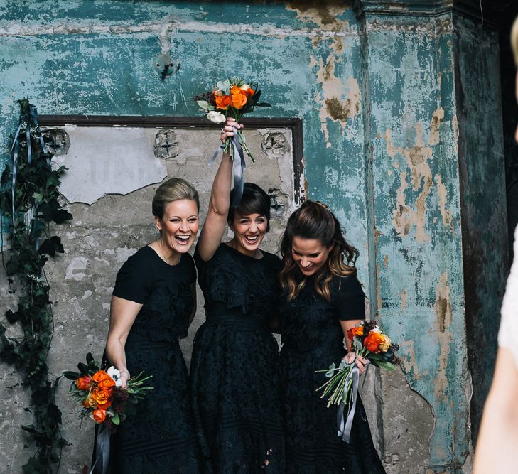 Bride In Bespoke Wedding Dress & Bridesmaids In Black For A Stylish East London Wedding