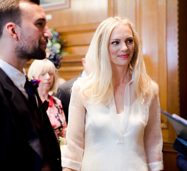 Camden Town Hall Wedding Ceremony with Bride in Charlie Brear Wedding Dress, Bright Bouquet & Groom in Paul Smith Suit