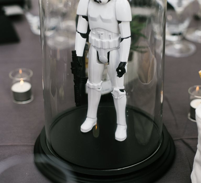 Iconic 80s Figure (Storm Trooper - Star Wars) in Bell Jar Table Centrepiece Wedding Decor | Monochrome Wedding at Syon Park London | Chris Barber Photography | Second Shooter Beatrici Photography