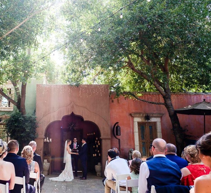 Bride in Essense Designs Wedding Dress | Outdoor Ceremony at Boojum Tree in Phoenix, Arizona | Lee Meek Photography