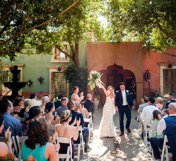 Bride in Essense Designs Wedding Dress | Groom in Simon Dowling Bespoke Suit | Outdoor Ceremony at Boojum Tree in Phoenix, Arizona | Lee Meek Photography