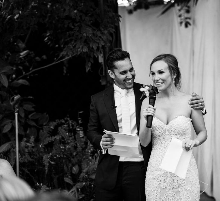 Speeches | Bride in Essense Designs Wedding Dress | Groom in Simon Dowling Bespoke Suit | Outdoor Ceremony at Boojum Tree in Phoenix, Arizona | Lee Meek Photography