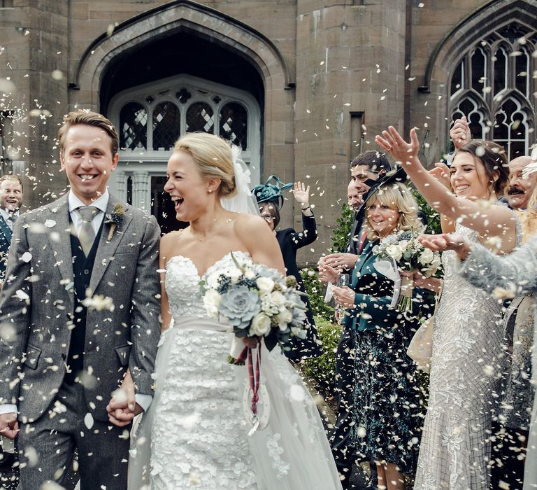 Confetti Moment with Bride in Bespoke Ian Stuart Gown with Detachable Tulle Skirt