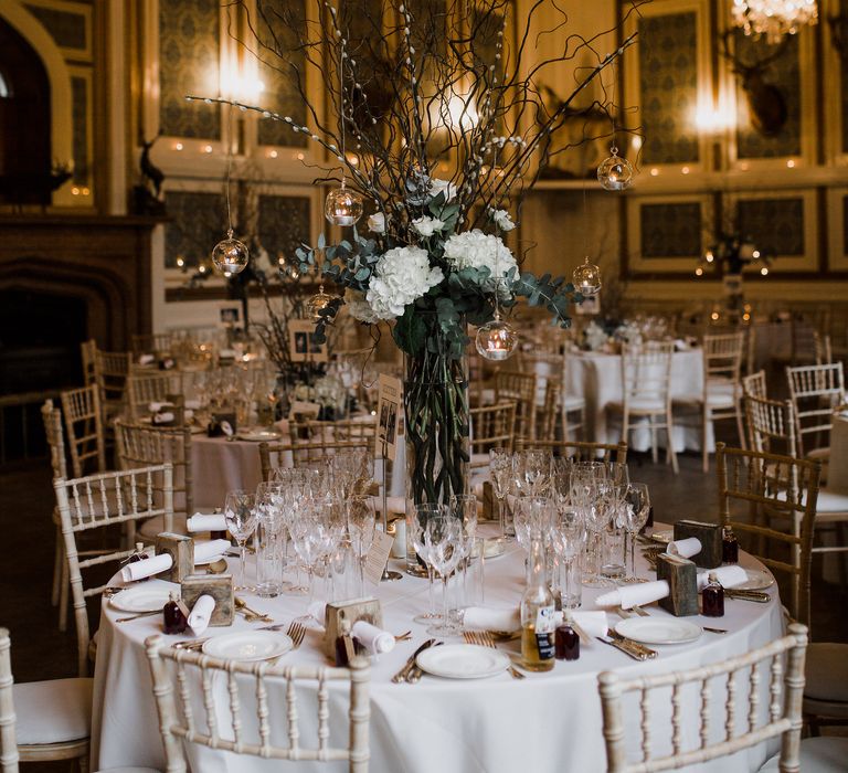 Tall Hydrangea & Twig Wedding Table Centrepiece