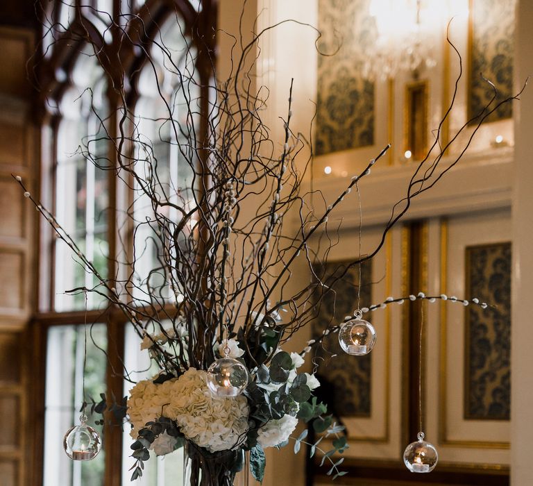 Tall Twig & White Hydrangea Wedding Table Centrepieces