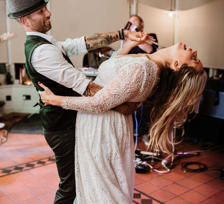 The Bride and Groom Dancing | Autumnal colours in Summer | Farmhouse at Redcoats | Green Antlers Photography